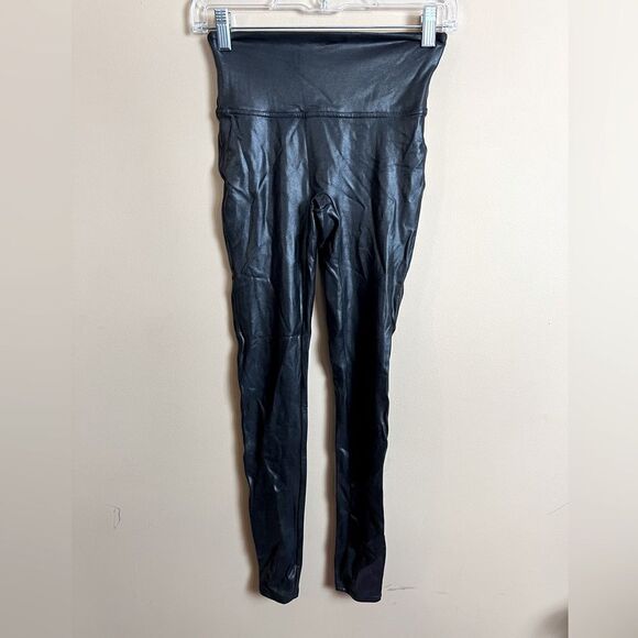 Spanx Women’s Size Small Black Metallic Pleather Stretchy Pull On‎ Leggings - Picture 1 of 4